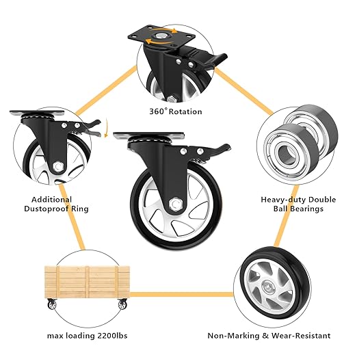 5 Inch Swivel Caster Wheels,Set of 4 Heavy Duty,Black Industrial Casters with Brake, Locking Casters for Furniture and Workbench for Cart,Top Plate Swivel Wheels and Load 2400lbs(Screws and a Spanner)