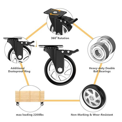 5 Inch Swivel Caster Wheels,Set of 4 Heavy Duty,Black Industrial Casters with Brake, Locking Casters for Furniture and Workbench for Cart,Top Plate Swivel Wheels and Load 2400lbs(Screws and a Spanner)