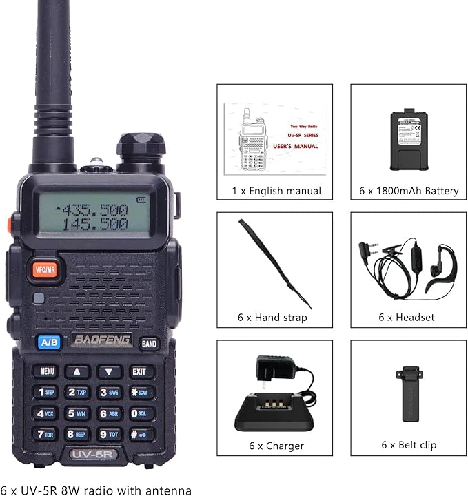 Baofeng UV-5R Dual Band Two Way Radio Handheld Ham Radio Long Range Walkie Talkies Pack of 6 for Hiking Camping Hunting Skiing Trip(Black) with 8W