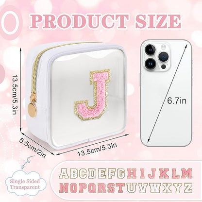 Mini Clear Personalized Initial Makeup Bag,Nylon Preppy A-Z Chenille Letter Patch Zipper Cosmetic Bag, Small Cute Beach Pouch Travel Purse Sanitary Napkin Storage Bag for Women Girls(White-Pink J)