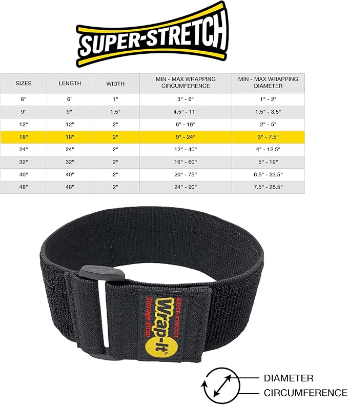 Wrap-It Storage - Super-Stretch, 18" (6 Pack) - Elastic Hook and Loop Cinch Straps - Extension Cord Organizer, Hose and Cables Straps, Cord Wrap