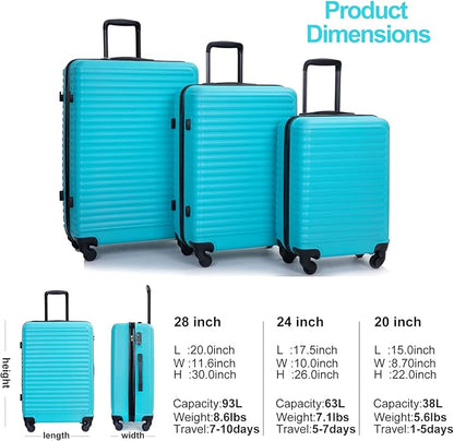 Travelhouse Luggage Sets, Expandable Hardside Suitcases 24in/28in, Carry on 20in,3 Piece Set Travel Luggages Clearance with Double Spinner Wheels TSA Lock Lightweight (Turpuoise-85)
