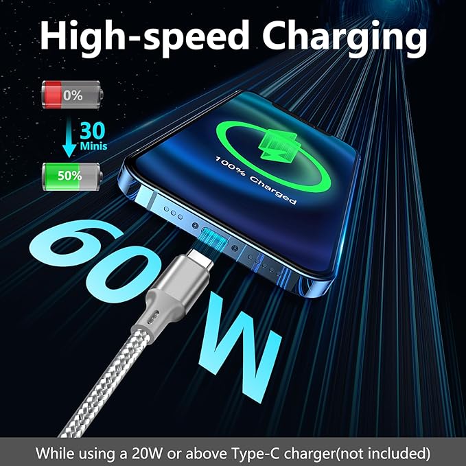 cugunu USB C to USB C Charger Cable, Nylon Braided 3Pack 60W 10FT Type C Fast Charging Cord Compatible for iPhone 15/16/17/Pro/Max/Plus, iPad, Air5, MacBook, Samsung, Google-Grey