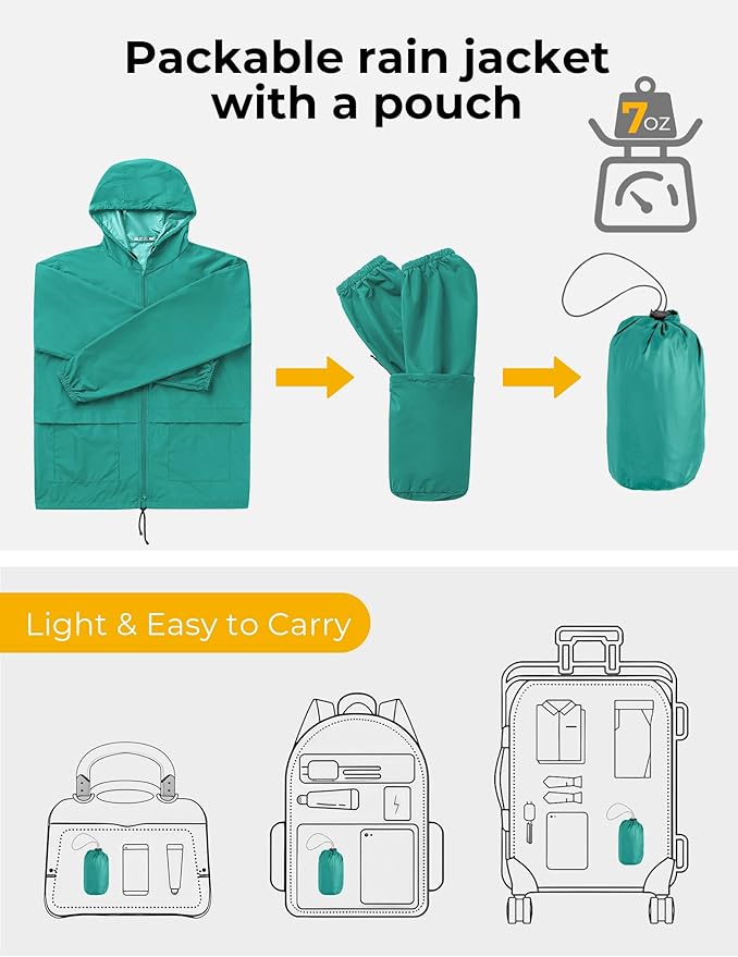 COOFANDY Mens Packable Rain Jacket Lightweight Waterproof Raincoat with Hood Outdoor Rain Gear Travel Hiking Cycling