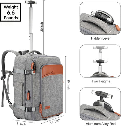 Lumesner Carry on Travel Backpacks, Extra Large 40L Flight Approved for Men & Women,Expandable Suitcase backpack (Rolling-Grey)