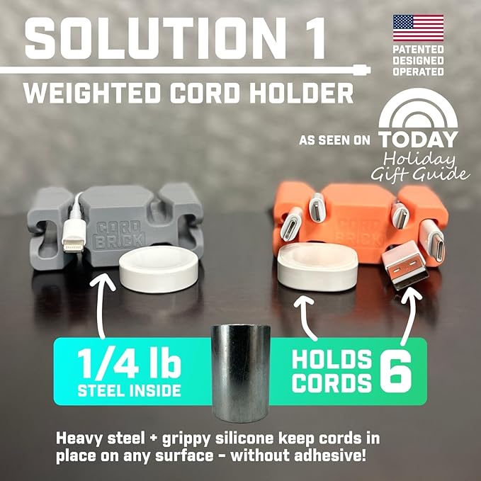 CordBrick Stocking Stuffers for Adults Cord Management Weighted Cord Holder Cable Wrap Phone Stand - Multiuse Gadget Organizer for Nightstand, Desk. Gift for Men, Durable Silicone. 1pk Coral
