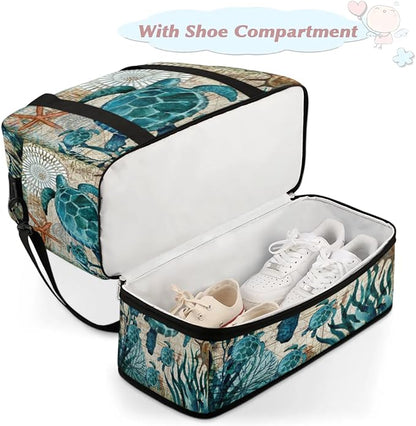 Turtle Foldable Travel Duffel Bag, Expandable Sports Gym Bag with Shoes Compartment Weekender Overnight Totes Bags for Women Men