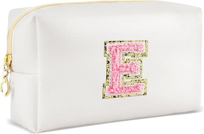 Initial Makeup Bag Personalized Preppy Travel Small Cosmetic Bag Cute PU White Chenille Letter Makeup Pouch for Purse Waterproof Zippered Toiletry Organizer for Women Girls Kids Friends (E)