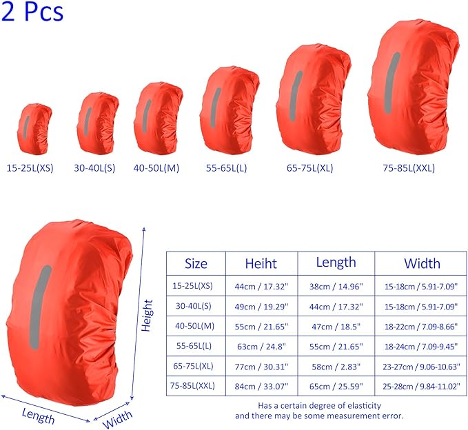 2 Pack Backpack Rain Cover - Waterproof Lightweight Cover with Vertical Reflective Strap, Apply to Cycling/Hiking/Mountain Climbing (40-50L, M, Orange)
