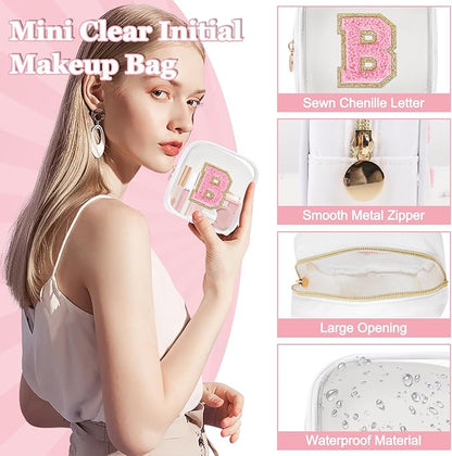 Mini Clear Personalized Initial Makeup Bag,Nylon Preppy A-Z Chenille Letter Patch Zipper Cosmetic Bag, Small Cute Beach Pouch Travel Purse Sanitary Napkin Storage Bag for Women Girls(White-Pink B)