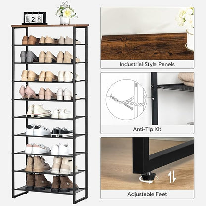 HOOBRO 10-Tier Shoe Rack, 23.6" L Shoe Storage Organizer, Large Capacity Shoe Shelf for Front Door Entrance, Entryway, Hallway, Holds 27-30 Pairs of Shoes, Closet, Rustic Brown BF601XJ01