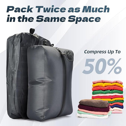 BBOM One-Touch Vacuum Storage Bags - Pump-Free with USB-C Charging, Waterproof Airtight Compression for Clothes, Bedding, Travel Gear - Space Saver for Suitcases, Hiking & Camping(Gray)
