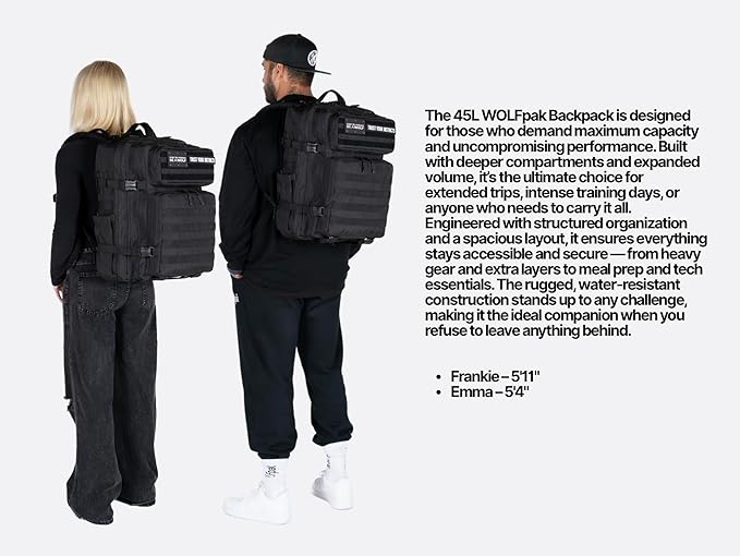 WOLFpak 45L Athletic Gym Backpack - Durable 1000D Waterproof Oxford Material with MOLLE Webbing, Laptop Pocket & Dual Cup Holders, Durable Fitness/Travel/Military Daypack (Nightshade Edition)