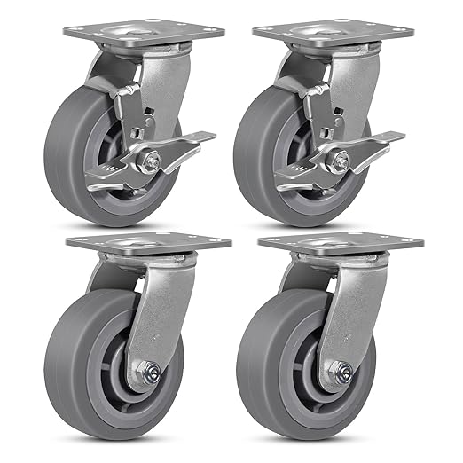5"x2" Rubber Wheels (Flat Tread)- Heavy Duty Casters, Industrial Caster Wheels- Set of 4 with up to 3200 LB Capacity- Use for Dollies, Workbench(2 Brake &2 Swivel)