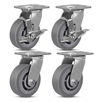 5"x2" Rubber Wheels (Flat Tread)- Heavy Duty Casters, Industrial Caster Wheels- Set of 4 with up to 3200 LB Capacity- Use for Dollies, Workbench(2 Brake &2 Swivel)