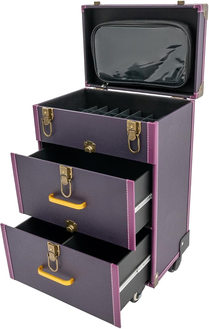 Rolling Makeup Case w/ 2 Keys, 3-tier Lockable Makeup Train Case w/ Drawers, Removable Baffle Nail Polish Organizer, Travel Cosmetic Case w/ 17.7in Telescopic Rod, 14.2*9*19.3in, Bronze Latch+Purple