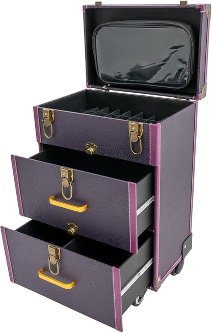Rolling Makeup Case w/ 2 Keys, 3-tier Lockable Makeup Train Case w/ Drawers, Removable Baffle Nail Polish Organizer, Travel Cosmetic Case w/ 17.7in Telescopic Rod, 14.2*9*19.3in, Bronze Latch+Purple