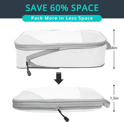 Compression Packing Cubes 6 Set, Compressible Space-Saving Packing Cubes for Travel - Compression Bags, Luggage Organizer, Travel Essentials for Women, White