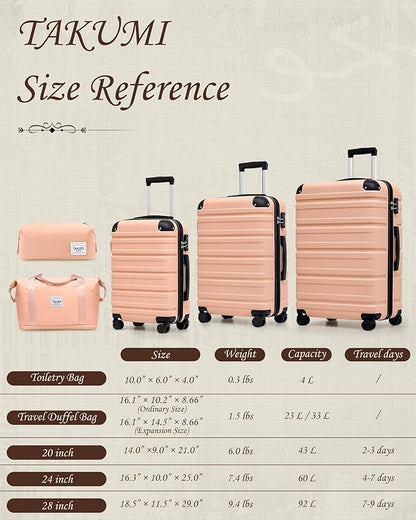 TAKUMI Luggage Sets 5 Piece Lightweight Carry On luggage with Duffel Bag ABS+PC Hardshell Suitcases with YKK zippers Double Spinner Wheels Travel Luggage with TSA Lock(PINK, 5 PIECE SET)