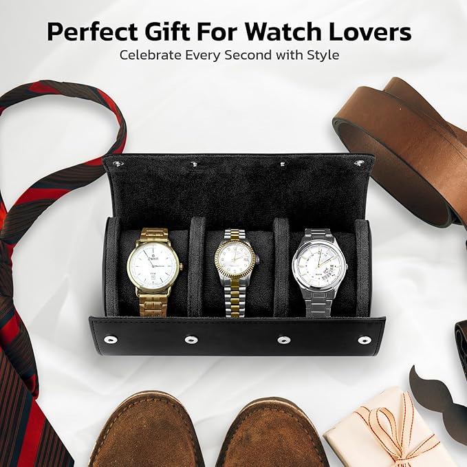 W&S Watch Roll Travel Case for Men and Women with 3 Watch Storage Organizer - Secure Storage with Innovative Removable Pillows & Solid Dividers for Home, Travel and Display (Black)