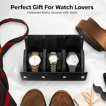 W&S Watch Roll Travel Case for Men and Women with 3 Watch Storage Organizer - Secure Storage with Innovative Removable Pillows & Solid Dividers for Home, Travel and Display (Black)