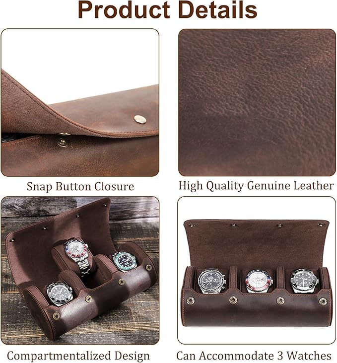 Genuine Leather Watch Roll Travel Case, Travel Watch Case for Men, Leather 3-Watches Roll Case for Bracelets, Portable Watch Storage Organizer with Removable Pillows