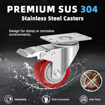 W B D WEIBIDA Stainless Steel 3 Inch Caster Wheels with Brake,Rust-Proof Heavy Duty 304 Casters Set of 4,Anti-Corrosion Industrial Castor for Furniture,Labs,Hospitals,Restaurants
