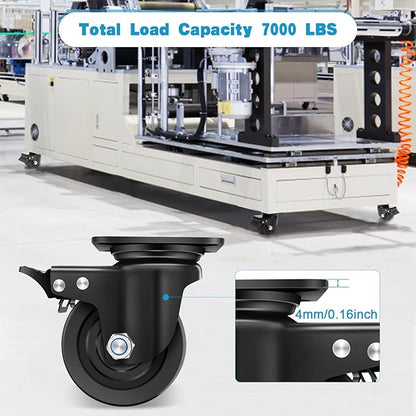 Nefish 4-Inch Heavy Duty Casters Set of 4, Industrial Grade Casters Wheels 7000 LBS, Low Gravity Plate Swivel Caster with Brake, Sturdy & Corrosion-Resistant Nylon Wheels for Industrial, Equipment