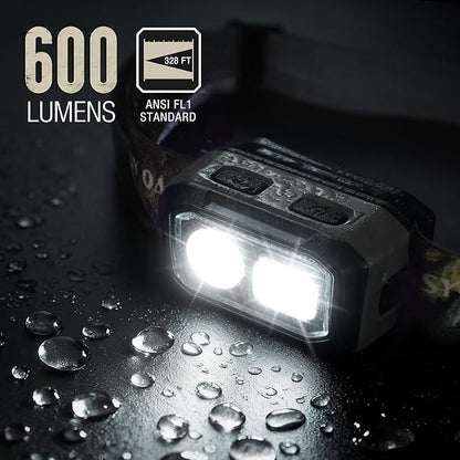 Mossy Oak 600 Lumens LED Headlamp, Dual Power Source, Motion Sensor Head Lamp with Magnetic Base, Stepless Dimming, Memory Mode for Camping, Running, Hiking, Christmas Gifts