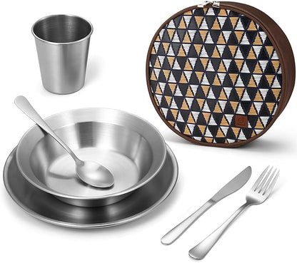 Odoland Stainless Steel Camping Mess Kit for Family & Person, Cooking Tableware Utensils with Plates Bowls Forks Spoons Knives & Savings Bag for Camping, Backpacking, Hiking, Picnic