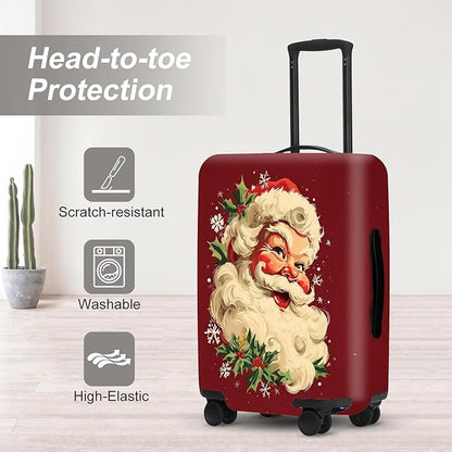 Retro Santa Luggage Cover - Vintage Saint Nicholas with Holly and Snowflakes, Traditional Christmas Suitcase Protector 18 20 22 Inch
