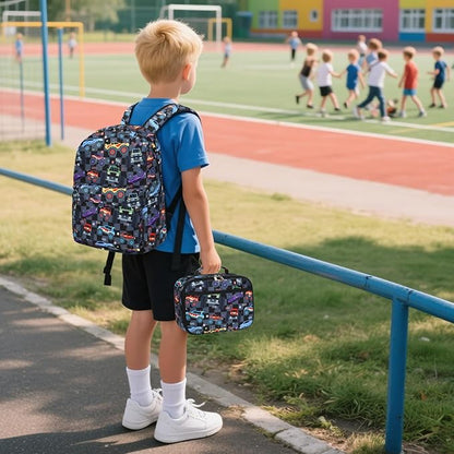 CAMTOP Backpack for Kids, Boys Girls Preschool Backpacks with Lunch Box Toddler Kindergarten School Bookbag Set (Vehicle Black Check)