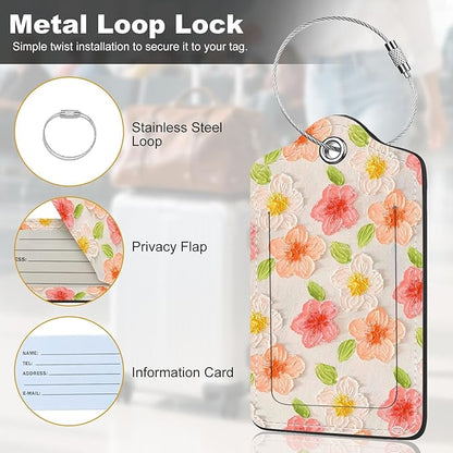 2Pack Luggage Tags for Suitcases, Cute Unique Pu Leather Cruise Luggage Tag with Privacy Cover ID Label Address Card and Metal Ring Suitable for Women Men Kids Travel Bag Pink Flower 1