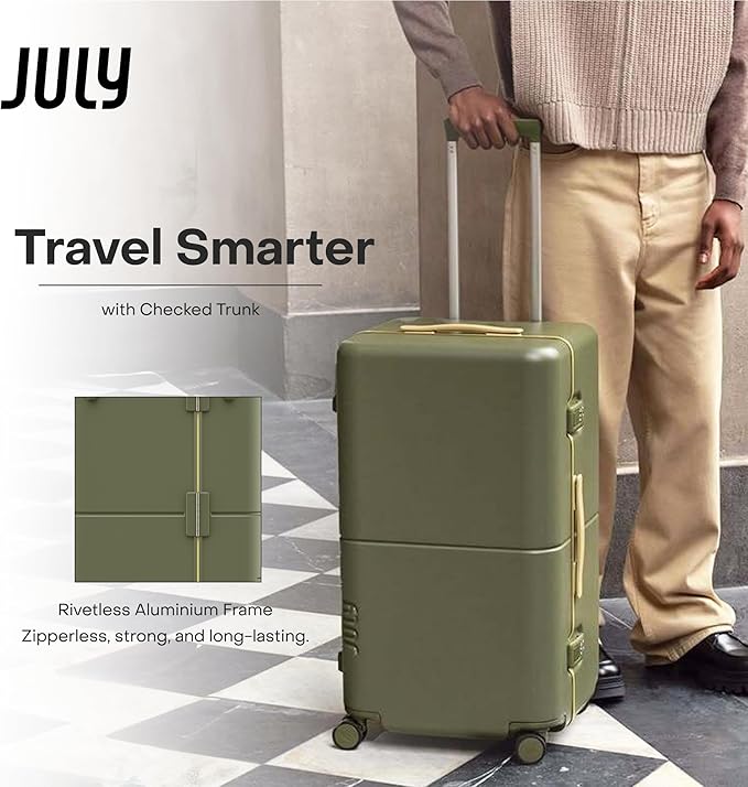 Checked Trunk - 26.8" Zipperless Airline Approved Check In Luggage with Wheels, 80/20 Opening Spinner Suitcase - TSA Lock Rolling Suitcase, Spinner Wheels, Y-Strap - Matte Moss Green