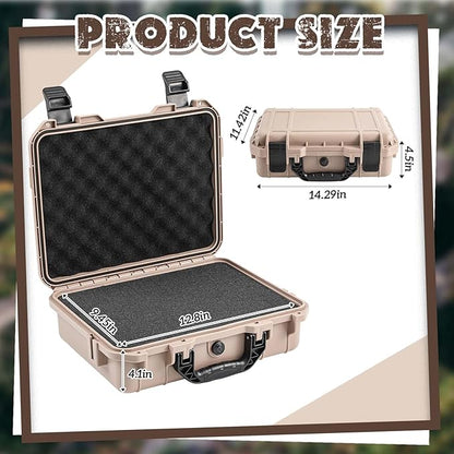 1 Pcs 14.3 x 11.4 x 4.5 Inch Waterproof Hard Case with DIY Customizable Foam Insert Portable Protective Case with Knife for Camera Drones Equipments Tools Test Instruments (Tan)