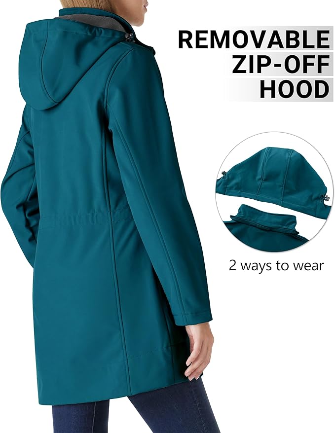 Outdoor Ventures Women's Softshell Jacket with Removable Hood Fleece Lined Windbreaker Insulated Long Warm Rain Jacket