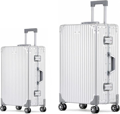 Metal All Aluminum Carry-on Luggage TSA Customs Lock Zipperless Silent Rotary Wheel Business Suitcase Aluminum Frame Set (silvery, 2Piece(20/26))