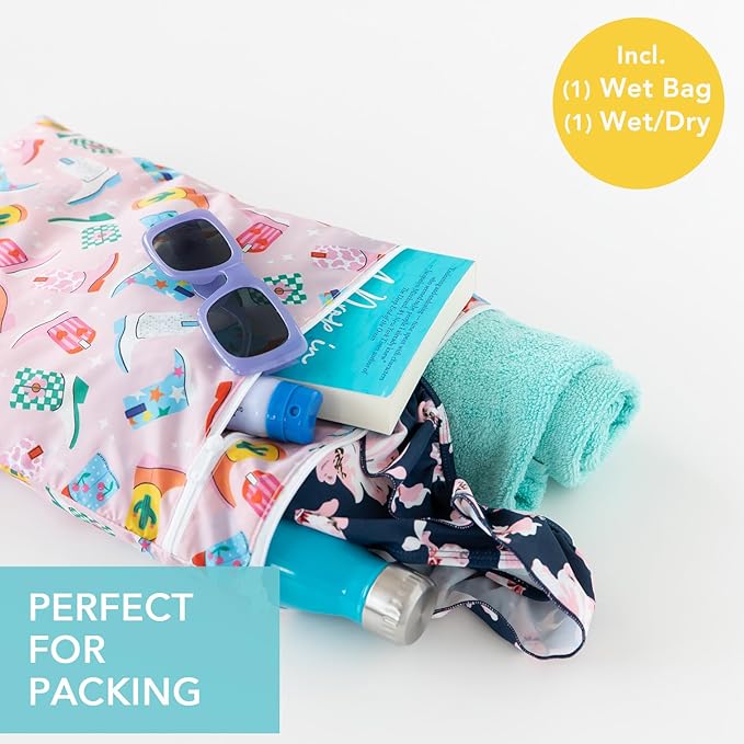 Bumkins - Waterproof Wet and Wetdry Bags - For Beach, Baby, Travel, Swim Suit, Cloth Diapers, Pump Parts, Pool, Gym, Toiletries - Reusable & Easy to Clean - Cowgirl Boots - 2 Pack