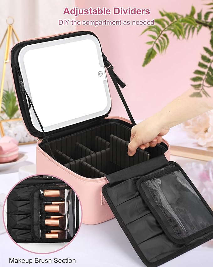 Relavel Initial Makeup Bag with LED Mirror for Women Girls, Personalized Travel Cosmetic Organizer Train Case, Birthday Gifts for Grandkids Bridesmaid Graduation Teacher Friends, Trendy Stuff, Pink Z