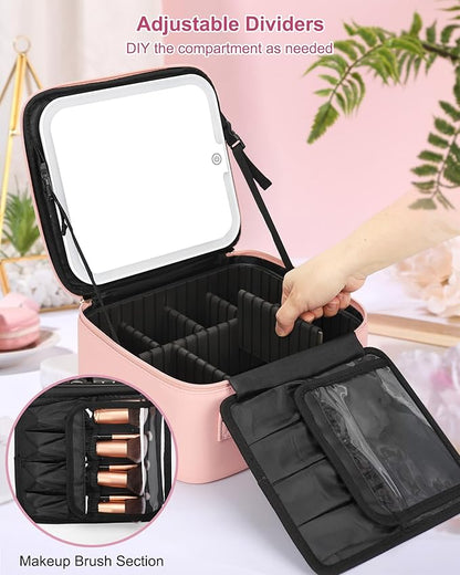 Relavel Initial Makeup Bag with LED Mirror for Women Girls, Personalized Travel Cosmetic Organizer Train Case, Birthday Gifts for Grandkids Bridesmaid Graduation Teacher Friends, Trendy Stuff, Pink S