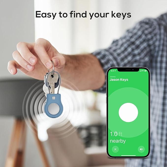 AirTag Keychain Holder - (4 Pack) Airtag Lock Case with Wire Cable Compatible with Apple AirTags,Ultra Durable Anti-Lost Protective Case with Keyring for Luggage, Key, Backpack, Bag Black/Light Blue