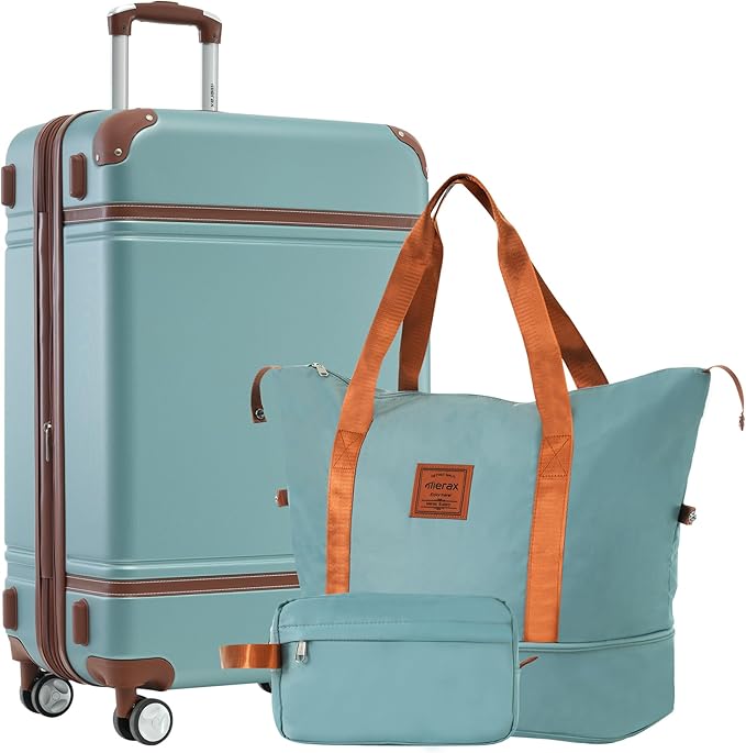 Merax Luggage Set,28 IN Hardside Suitcase with Duffel Bags,3 Piece Expandable Luggage with Spinner Wheels, Vintage Luggage with TSA Lock Lightweight,(Blue Green)