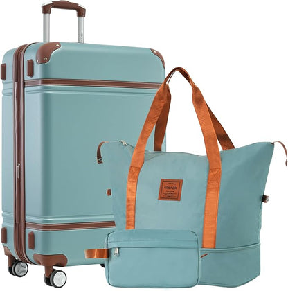 Merax Luggage Set,28 IN Hardside Suitcase with Duffel Bags,3 Piece Expandable Luggage with Spinner Wheels, Vintage Luggage with TSA Lock Lightweight,(Blue Green)