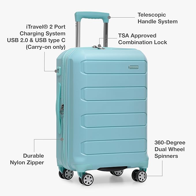 Traveler's Choice Pagosa Indestructible Hardshell Expandable Spinner Luggage, Baby Blue, 30-Inch Large