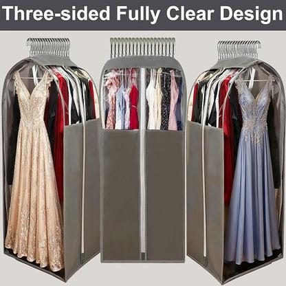 15" Gusseted Long Dress Bags for Gowns,60" Clear Garment Bags for Hanging Clothes, Completely Sealed Storage Covers and Dust-proof Protector with Full Heavy-duty Side Zipper for Travel, 4-Pack