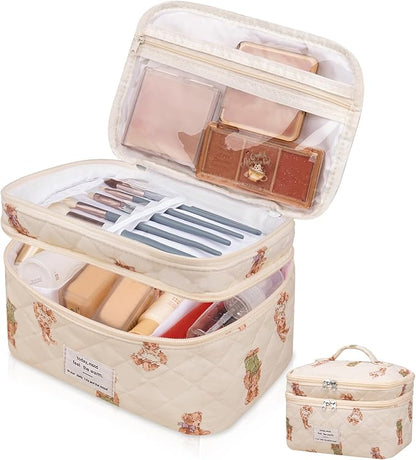 Makeup bag, Large Cosmetic Bag for Women Girls, Cute Quilted Makeup Bags, Floral Coquette Aesthetic Toiletry Bag, Travel Make Up Organizer Bag (Bear)