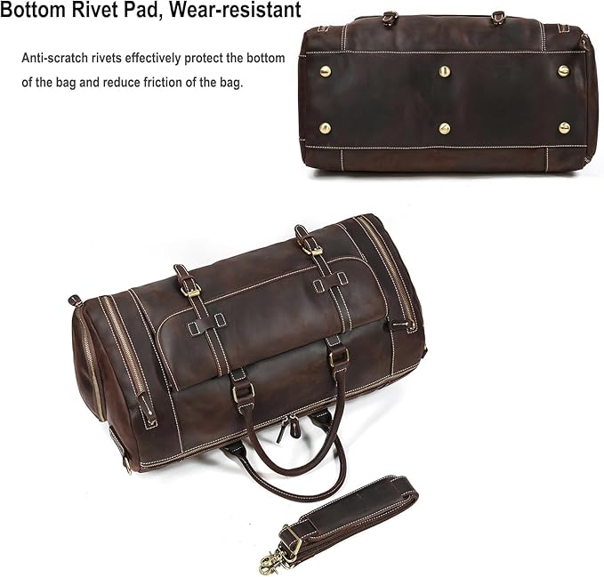 Full-grain Genuine Leather Travel Bag Large Capacity Duffel Luggage Bag with Shoe Compartment, Men Women Shoulder Handbag for Weekend Holiday Business Trip
