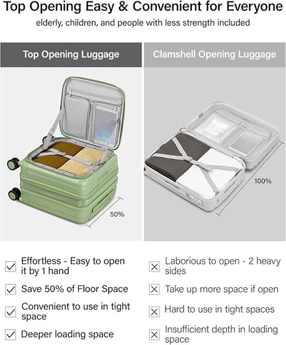 Hanke 16 Inch Expandable Under Seat Luggage with Wheels Top Opening Small Suitcase with Wheels Carry On Luggage Airline Approved Lightweight Hard Shell Suitcases for Weekender Overnight-Bamboo Green