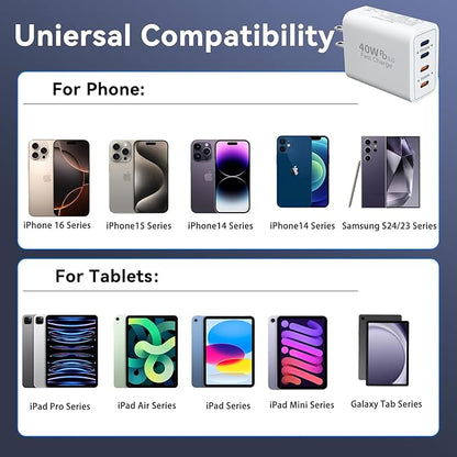 USB C Wall Fast Chargers Block, 40W 4-Port Type C Chargers Fast Charging Blocks PD Power Charger Adapter+QC 3.0 USB C Multiport Charger Brick for Phone 17/16/15/14/13/12 Pro Max, Pad, Galaxy S25/24