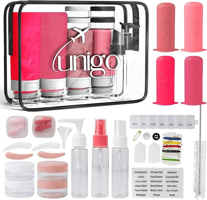 unigo 30 pack Full Set TSA Approved Travel Bottles, Travel Size Containers for Toiletries, Refillable Leakproof Travel Shampoo and Conditioner Bottles, Toiletry Containers,Extra Bottle Sleeves (Pink)